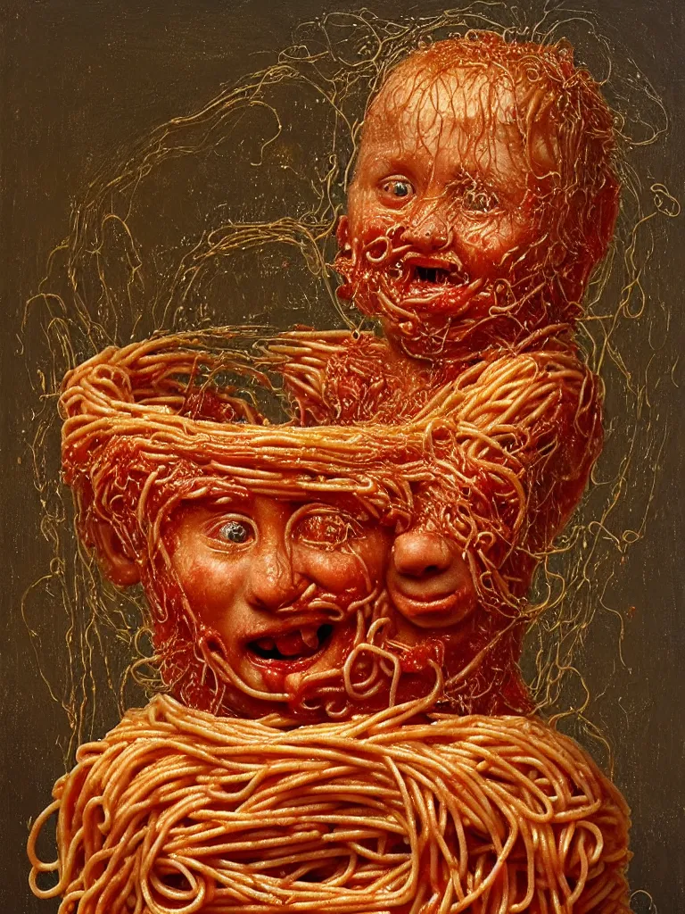 Image similar to a boy made of spaghetti sitting in a tub full of tomato sauce, looking straight into camera, screaming in desperation, by giuseppe arcimboldo and ambrosius benson, renaissance, intricate and intense oil paint, a touch of joseph cornell, beksinski and hr giger and edward munch, realistic