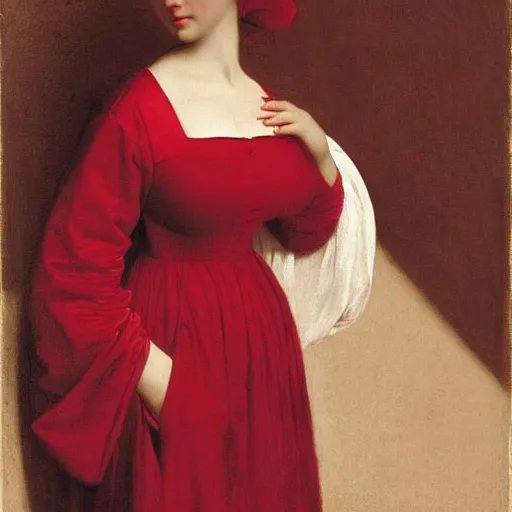 Image similar to sublime portrait of a woman in a red satin dress, very pale, graceful yet imposing, by Vermeer, (Bouguereau), strong dramatic cinematic lighting, 17th-century, smooth, sharp focus, extremely detailed