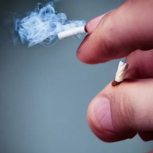 Image similar to Close-up of soft hand holding cigarette with smoke, hyper realistic photo, 4K