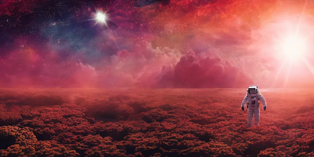 Image similar to astronaut walks in a field of colorful corals on the surface of a far away planet. universe in the background. wallpaper relaistic cgi 4 k lens flare cinematic color grading