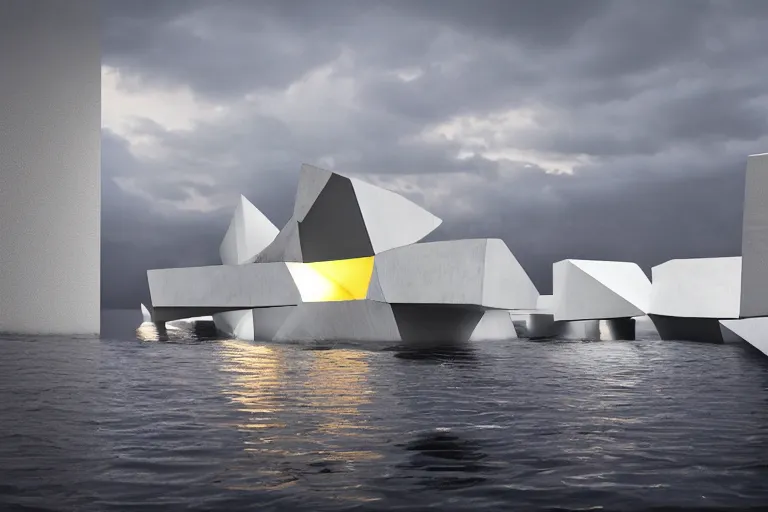 Prompt: the bjarke ingels group < skum > white building formed by the intersection of many white egg shaped spherical spaces, on the calm lake, people's perspective, future, interior wood, marble, award winning, highly detailed 4 k art, dusk, unreal engine highly rendered, global illumination, radial light, interior environment