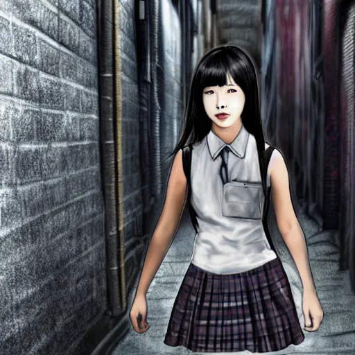Image similar to a perfect, realistic professional digital sketch of a Japanese schoolgirl posing in a dystopian alleyway, style of Marvel, full length, by pen and watercolor, by a professional American senior artist on ArtStation, a high-quality hollywood-style sketch, on high-quality paper