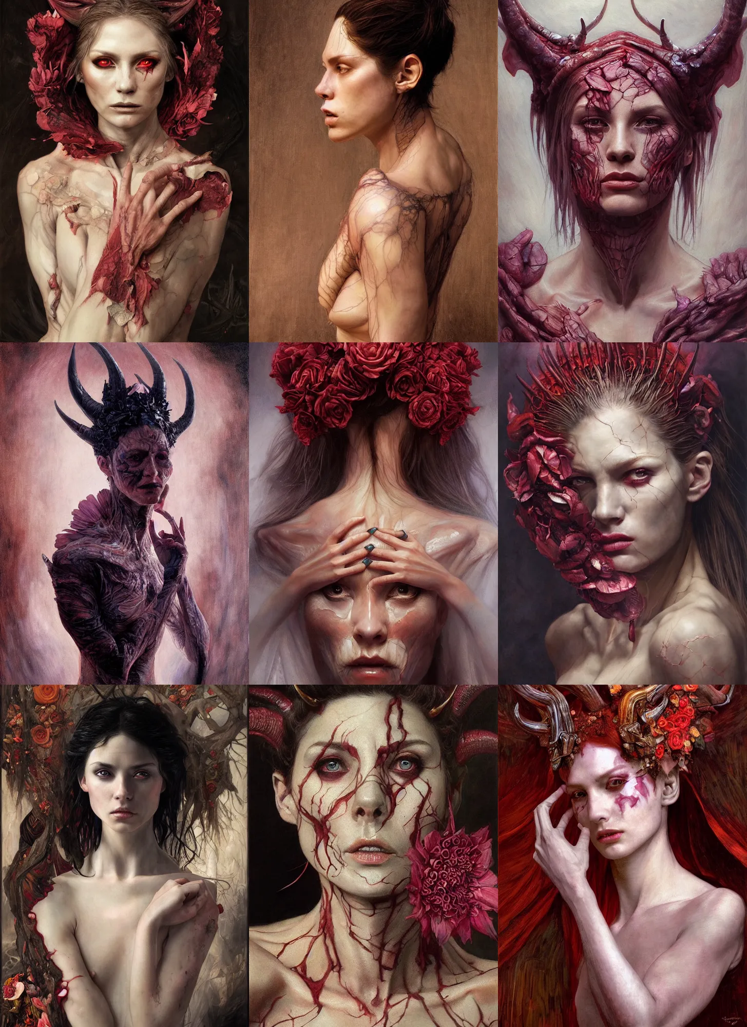 Prompt: half demon half human intricate skin, petals, silicon covers, elegant, peaceful, full body, horns, hyper realistic, extremely detailed, dnd character art portrait, fantasy art, intricate fantasy painting, dramatic lighting, vivid colors, deviant art, artstation, by edgar maxence and caravaggio and michael whelan and delacroix.