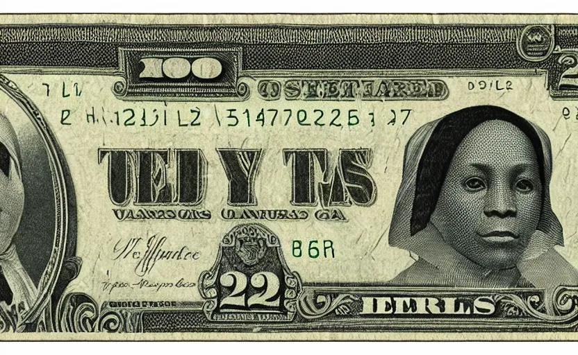 Prompt: rectangular photograph of twenty dollar u. s. currency note featuring harriett tubman