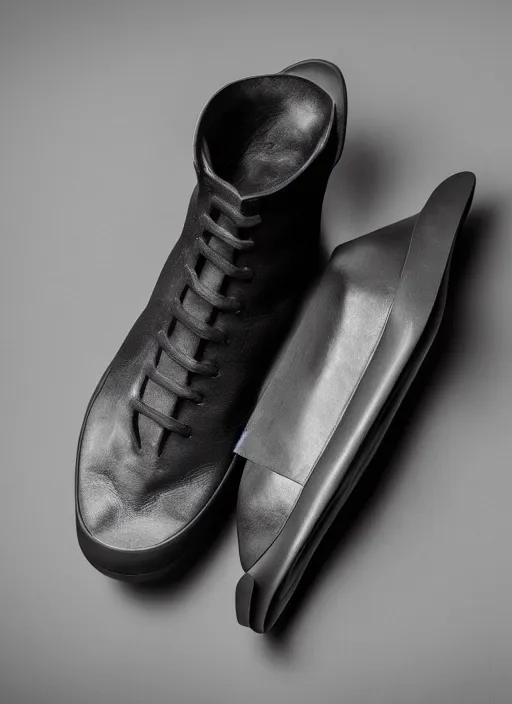 Image similar to hyperrealistic and heavy detailed product photo rick owens avant garde shoe of batman, in front of white back drop, whole shoe is in picture, leica sl 2 5 0 mm, vivid color, high quality, high textured, real life