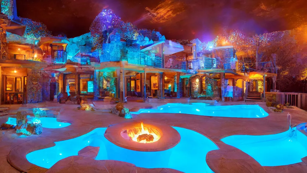 Image similar to party at midnight, in a modern house, peyote colors, fire pit, pool, hot tub, sauna, candles, people, cozy, warm, beautiful, cozy environment, ornate, intricate, glowing emitting light ornaments, 8 k, rule of thirds, cinematic, highly detailed, movie still