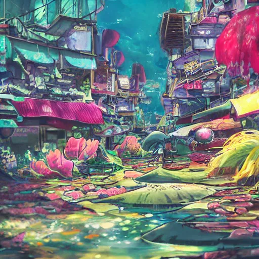 Prompt: painted anime background of an underwater slums shopping district built from various coral seashells and being reclaimed by nature, seaweed, light diffraction, litter, steampunk, cyberpunk, caustics, anime, vhs distortion, inspired by splatoon by nintendo, art created by miyazaki