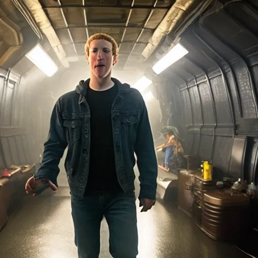 Prompt: Mark Zuckerberg in Ready Player One, movie still, promo material, EOS-1D, f/1.4, ISO 200, 1/160s, 8K, RAW, unedited, symmetrical balance, in-frame