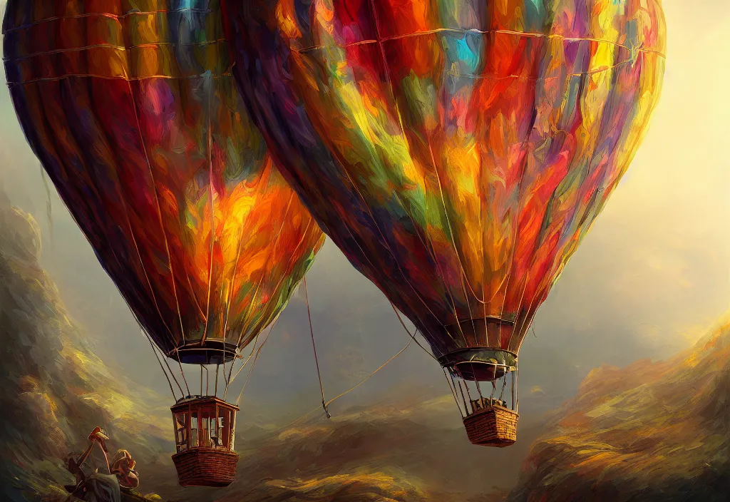 Image similar to old colorful air balloon, epic fantasy, detailed, intricate, digital painting, concept art, realistic, smooth, focus, rim light