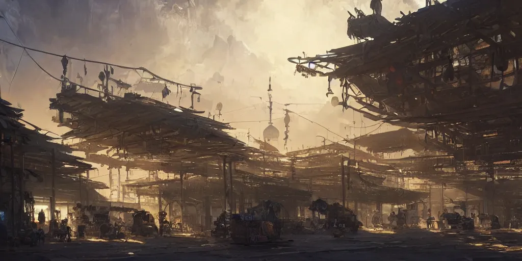 Image similar to screenshot of a marketplace in a honeycombed makeshift city, dappled light, colossal arcing metal megastructures high in the sky, beautiful, awe inspiring, fps, by james gurney, greg rutkowski, sparth, cinematography, cinematic masterpiece