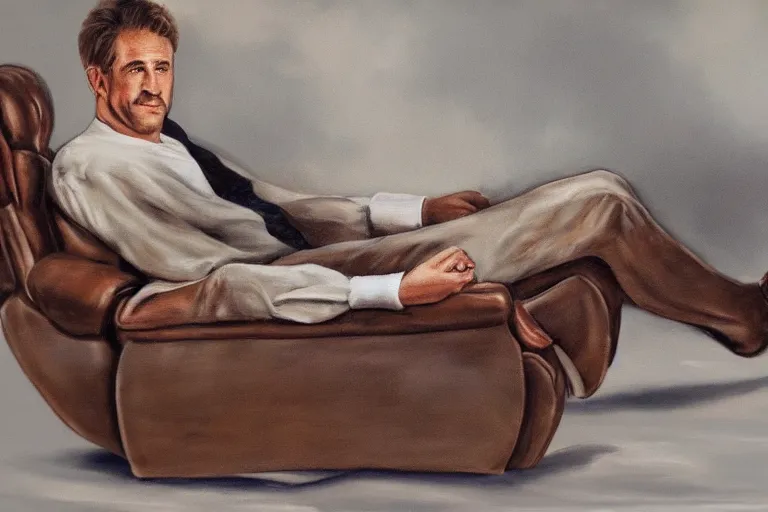 Image similar to a airbrush painting of a caucasian man relaxing on a brown reclined leather chair