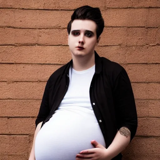 Image similar to a young goth man with a heavily pregnant belly in a t shirt and jeans