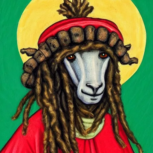 Image similar to a beautiful medieval art style painting of a Rastafarian sheep with dreadlocks and a blunt, trending on artstation