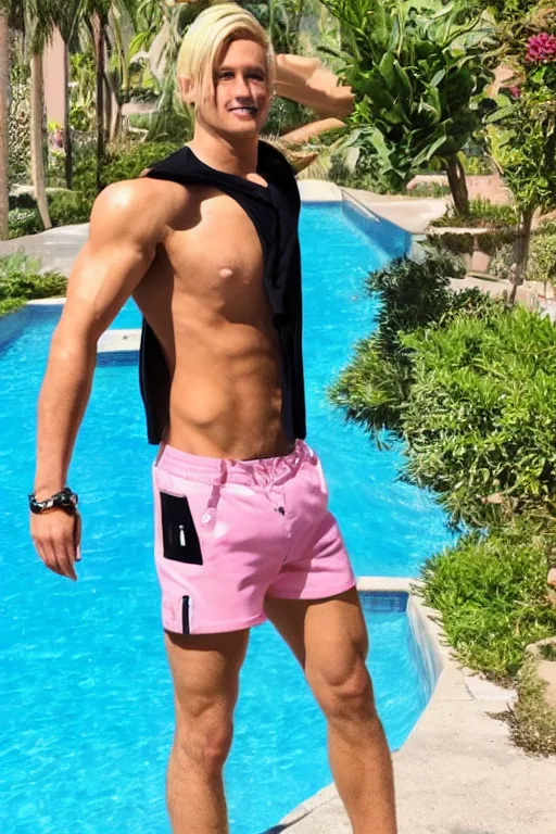 Image similar to a handsome male humanoid android with blonde hair, ken, muscular wearing a cut-off black crop top and short light pink shorts standing by a swimming pool, shiny glossy skin