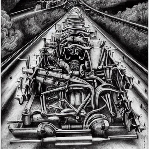 Prompt: boxcar made of human meat and bone, biomechanical railroad, highly detailed, War Photography, by H.R. Giger