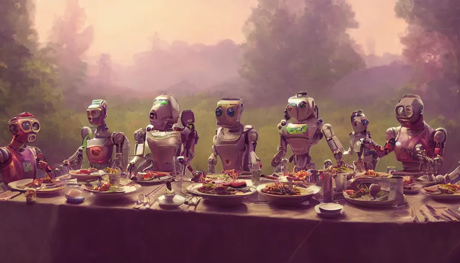Image similar to a table dinner of robots where robots are dressed like the characters from the midsommar movie, realistic detailed digital art by maxwell boas jessica rossier christian dimitrov anton fadeev trending on artstation cgsociety rendered in unreal engine 4 k hq