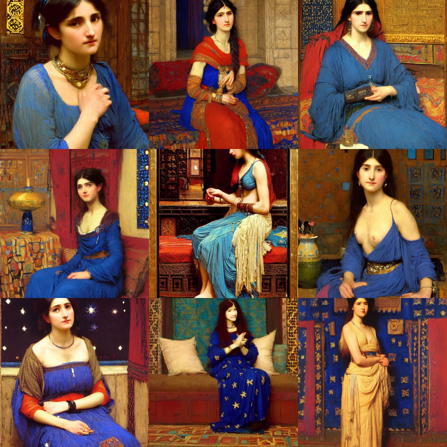 Prompt: orientalist painting of a woman in a blue dress illuminated by firelight in front of a starry sky intricate portrait by john william waterhouse and Edwin Longsden Long and Theodore Ralli, oil on canvas symmetrical artwork. Cinematic, hyper realism, high detail 8k