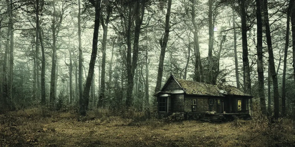 Image similar to a cottage in the woods and empty woods, 80mm lens, 8k, fantasy, hyper realistic, dramatic lighting, cinematic