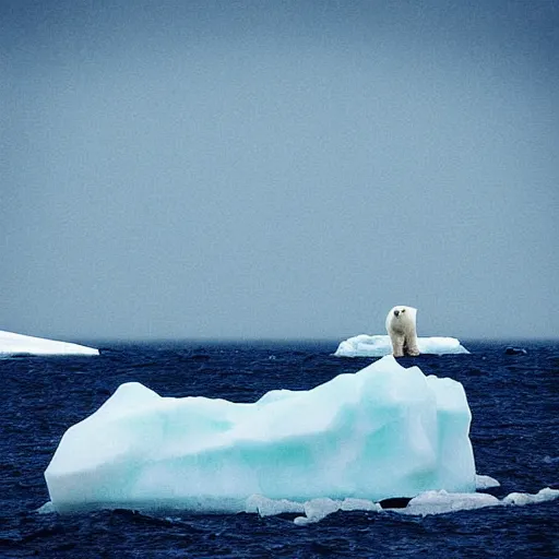 Image similar to a lonely polar bear on an iceberg. stormy seas. photograph in the style of simon stalenhag