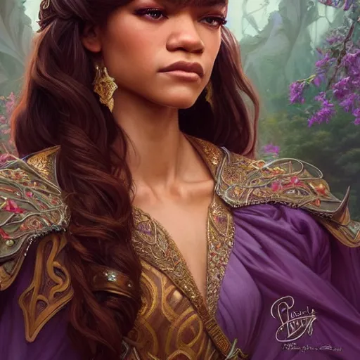 Prompt: Zendaya as a fantasy princess, D&D, fantasy, intricate, elegant, highly detailed, digital painting, artstation, concept art, matte, sharp focus, illustration, art by Artgerm and Greg Rutkowski and Alphonse Mucha