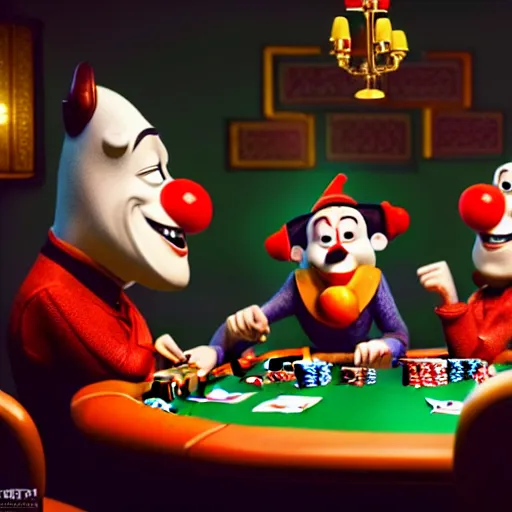 Image similar to pixar clowns playing poker, smiling maniacally | glamorous oily soft polished rich ornate modern | weta disney pixar movie still photo | hi - fructose, sci fi fantasy, smooth, octane render, sharp focus, artstation, concept art | artgerm, mucha, rutkowski, feng zhu, wlop, loish