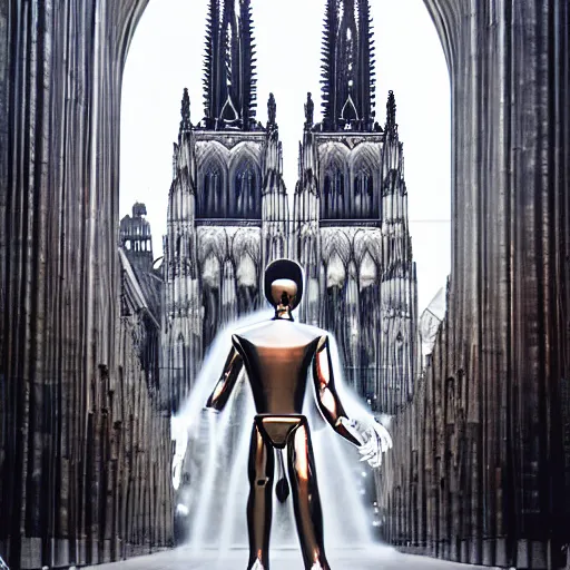 Image similar to the t - 1 0 0 0 made of liquid metal walking next to the cathedral of cologne, germany, volumetric lighting, sharp focus, ultra detailed, cgsociety - w 1 0 2 4 - n 8 - i