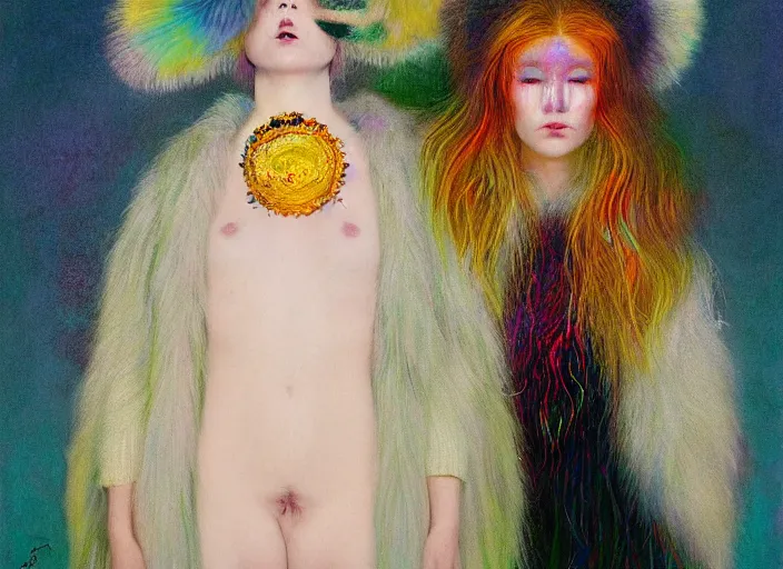 Image similar to portrait of woman with rainbow face in white fur coat, cynical realism, peter furguson painterly, yoshitaka amano, miles johnston, moebius, beautiful lighting, miles johnston, klimt, tendrils, in the style of, louise zhang, victor charreton, james jean, two figures, terrence malick