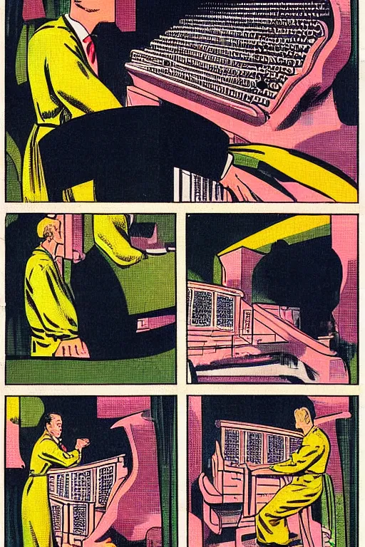 Image similar to pipe organ, 1 9 4 0 s halftone color comic page by steve ditko and alan lee