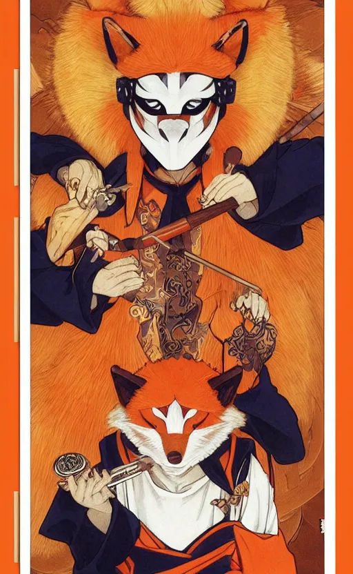 Image similar to masked godly kitsune smoking a wooden pipe, anime style, symmetrical facial features, front trading card, from genshin impact, hyper realistic, orange fur, rule of thirds, extreme detail, 4 k, detailed drawing, trending artstation, realistic lighting, by alphonse mucha, greg rutkowski, sharp focus, backlit, fuji mountain