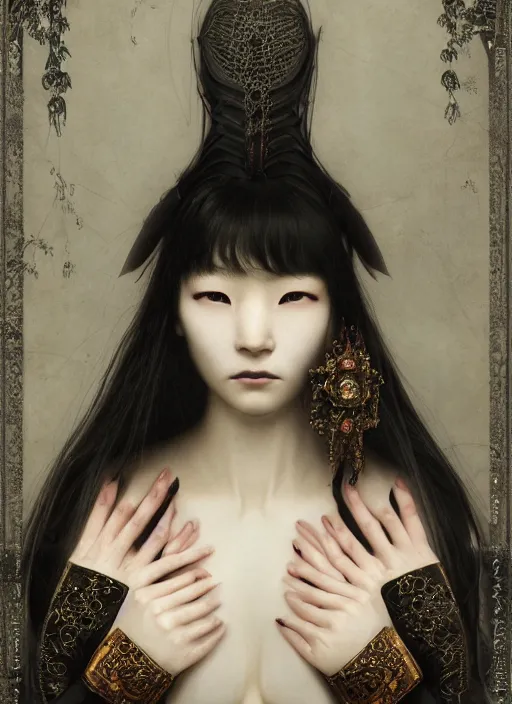 Image similar to portrait of a sensual cybernetic korean goth girl, inagi, modern fine art, fractal, intricate ornaments, elegant, highly detailed, digital photography, subsurface scattering, by jheronimus bosch and greg rutkowski,