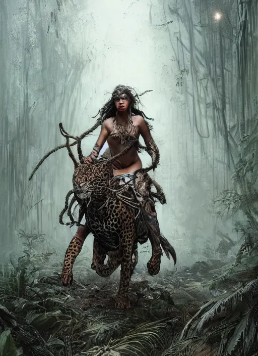 Image similar to a portrait of a very beautiful cute tribal woman riding a mutated jaguar, post apocalyptic city overgrown with lush vegetation, by Luis Royo, by Greg Rutkowski, dark, gritty, intricate, backlit, strong rimlight, cover illustration, concept art, volumetric lighting, volumetric atmosphere, sharp focus, octane render, trending on artstation, 8k