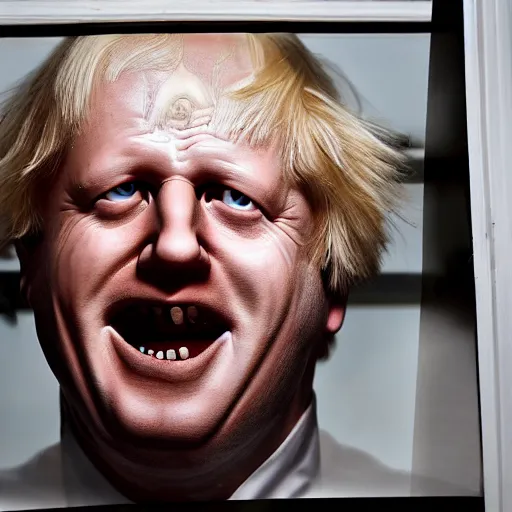 Image similar to a photo taken from the inside of an old house showing window blinds being pulled back to reveal a terrifying boris johnson with his face pressed against the window, boris ’ hand placed on the window, horrifying grin. horror, raining, night time