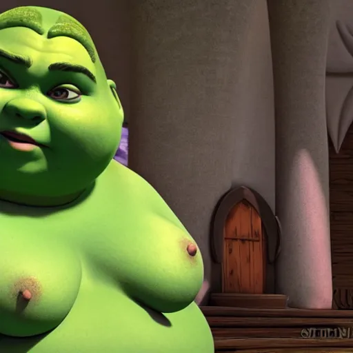 Prompt: big curvy woman sitting in shrek's arms, super realistic, super detailed, high octane, photorealistic, rendering 8 k, 8 k octane, unreal engine,