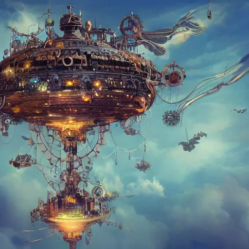 Image similar to flying city in a mechanical flower, sky, fantasy art, steampunk, masterpiece