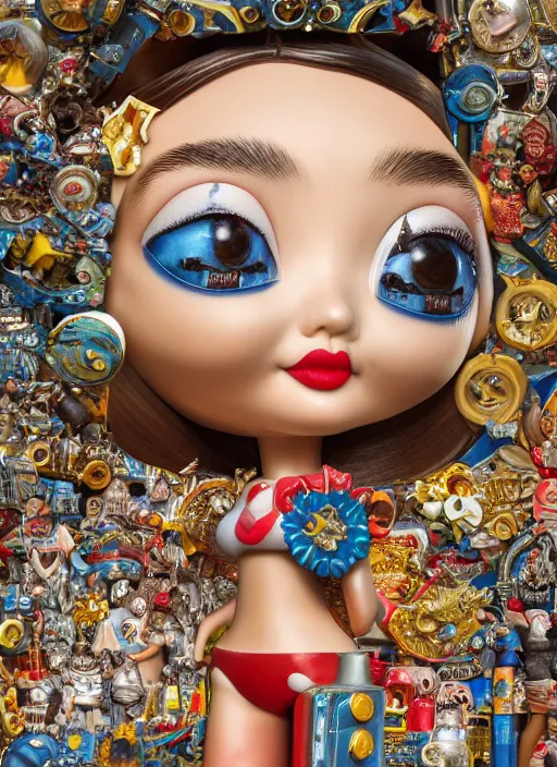 Image similar to closeup of a tin toy miranda kerr, depth of field, zeiss lens, detailed, symmetrical, centered, fashion photoshoot, by nicoletta ceccoli, mark ryden, lostfish, earl nore, hyung tae, frank frazetta, breathtaking, 8 k resolution, extremely detailed, beautiful, establishing shot, artistic, hyperrealistic, octane render