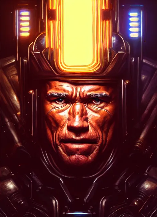 Prompt: portrait of schwarzenegger as dystopian bounty hunter, intricate, elegant, glowing lights, highly detailed, digital painting, artstation, glamor pose, concept art, smooth, sharp focus, illustration, art by artgerm and greg rutkowski, artey freytag