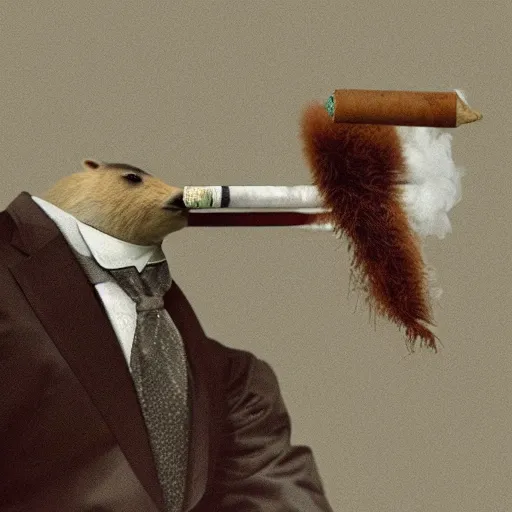 Image similar to a high detail photo of an antropomorphic capybara wearing a suit smoking a cigarrette, subject= duck, subject detail: wearing a suit, subject action: smoking a cigarrette photorealism