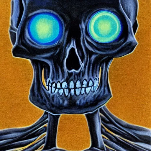 Image similar to skeleton with blue glowing eye, painting