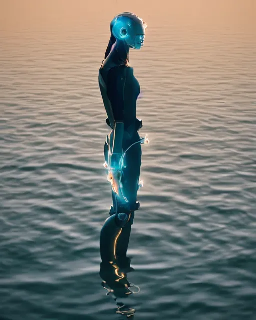 Prompt: beautiful centered photo portrait of hoyeon jung as a solarpunk robotic humanoid with white mechanical parts with bright halogen lights, walking through calm lake water, ultra - realistic and detailed, foggy background, sunset lighting, soft focus, slow exposure hdr 8 k