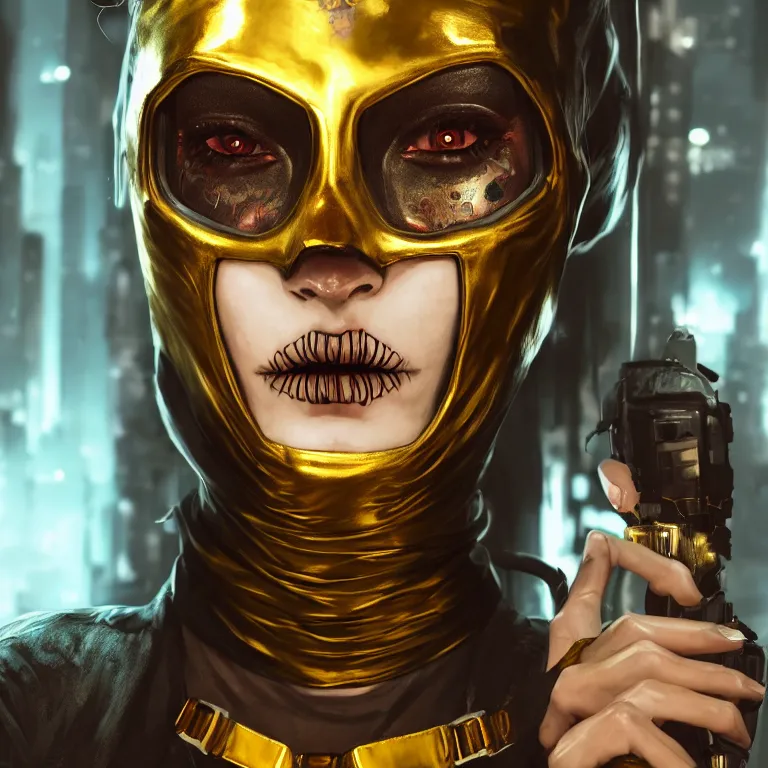 Image similar to cyberpunk female with a gold accented metallic sugar skull mask, concept art by jama jurabaev, cinematic shot, trending on artstation, hybrid from the elden ring and art direction by darius zawadzki ; by artgerm ; wayne reynolds art station ; cinematic quality character render ; low angle ; ultra high quality model ; production quality cinema model