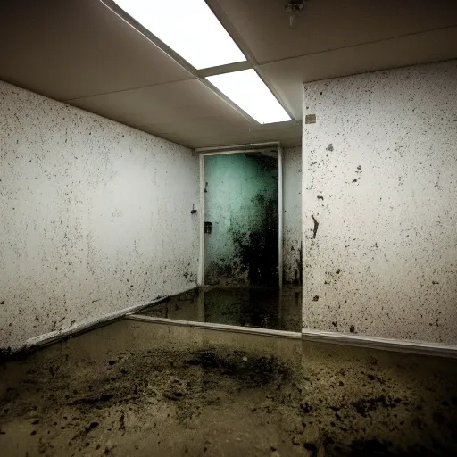 Prompt: backrooms office space, ominous lighting, moldy walls, samara from the ring wading in shallow water