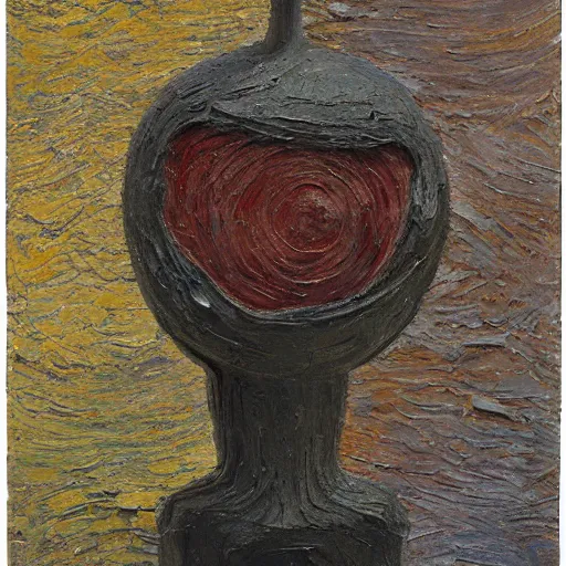 Image similar to a detailed impasto painting by shaun tan and louise bourgeois of an abstract forgotten sculpture by ivan seal and the caretaker