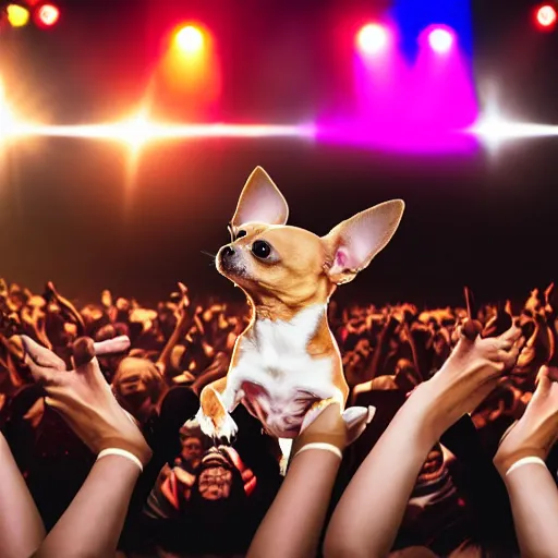 Image similar to a chihuahua performing on stage at a hip hop concert. Dancing out of focus crowd. Cyber stage design. Photograph for a magazine.