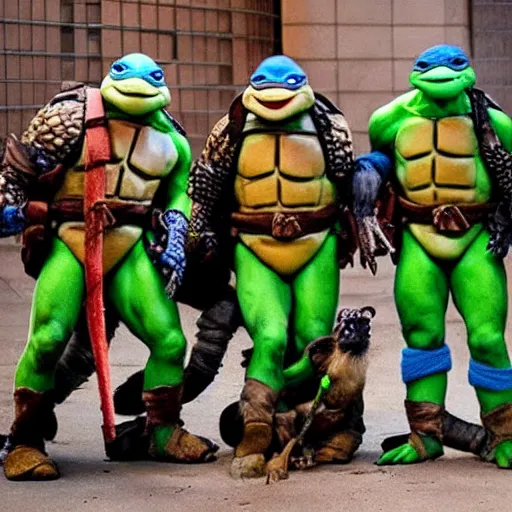 Image similar to teenage mutant ninja turtles, but the turtles are hyenas