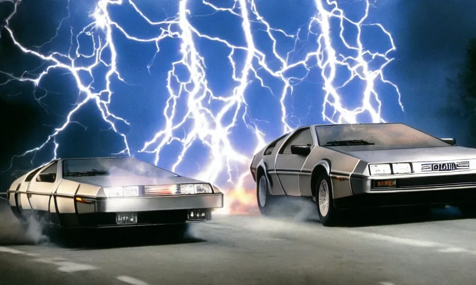 Image similar to scene from back to the future, delorean from back to the future driving very fast, lightning around the car, fire on the road, driving through a portal, motion blur