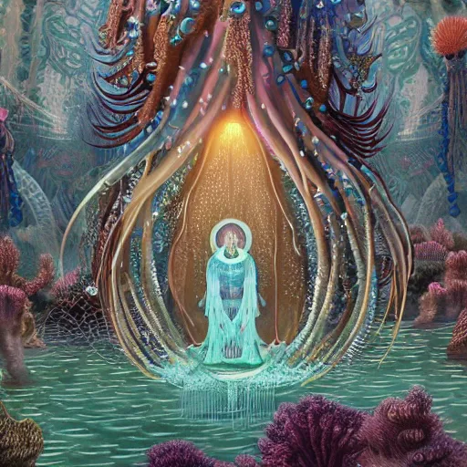 Prompt: A painting of priestesses worshipping at the jellyfish temple, shrouded in mist, jellyfish god, jellyfish priestess, jellyfish shrine maiden, 8K, illustration, art by Thomas Chamberlain-Keen, smoke, undersea temple with fish, cinematic, insanely detailed and intricate, hypermaximalist, elegant, super detailed, award-winning, magenta and crimson and cyan, rainbow accents, iridescence, bioluminescence, mysterious, ancient, ritual, trending in cgsociety, artstation HQ, ornate, elite, haunting, matte painting, beautiful detailed, insanely intricate details, dreamy and ethereal, otherworldly