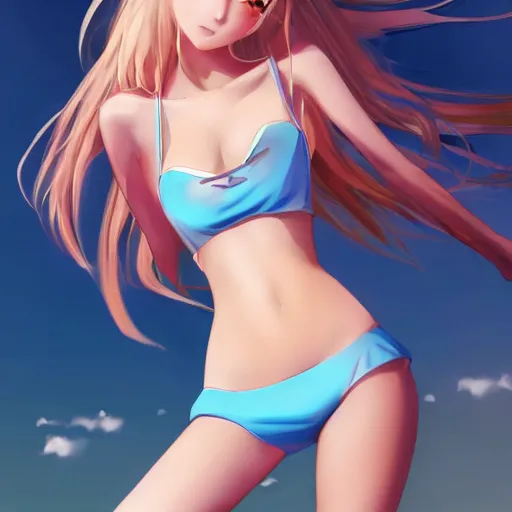 Image similar to a very beautiful young anime skater girl, full body, long wavy blond hair, sky blue eyes, full round face,, bikini, miniskirt, front view, mid - shot, highly detailed, cinematic wallpaper by stanley artgerm lau