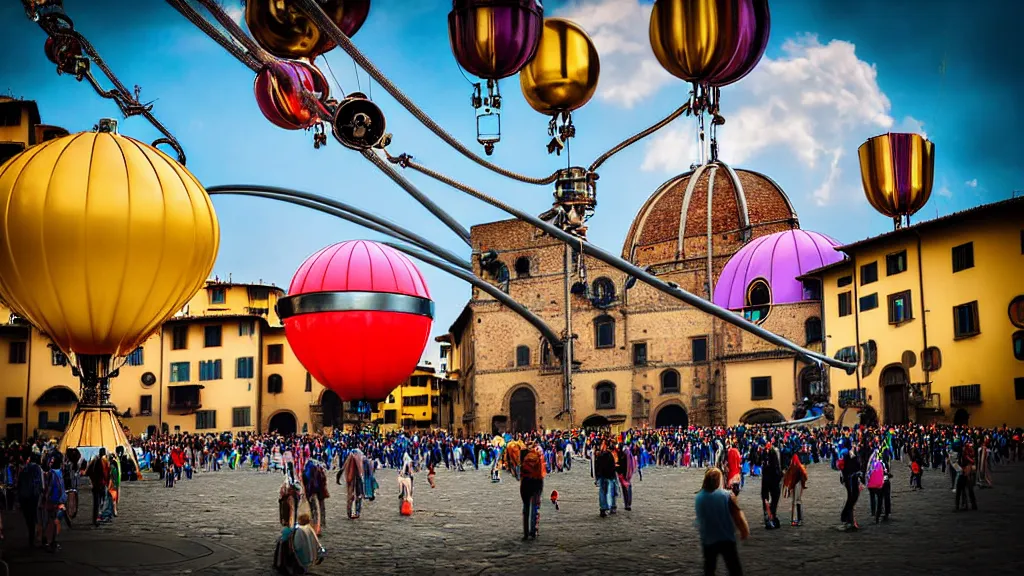 Image similar to large colorful futuristic space age metallic steampunk steam - powered balloons with pipework and electrical wiring around the outside, and people on rope swings underneath, flying high over the beautiful medieval florence city landscape, professional photography, 8 0 mm telephoto lens, realistic, detailed, photorealistic, photojournalism