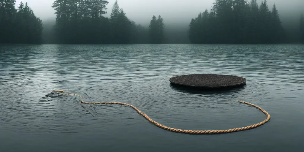 Image similar to symmetrical photograph of an infinitely long rope submerged on the surface of the water, the rope is snaking from the foreground towards the center of the lake, a dark lake on a cloudy day, trees in the background, moody scene, anamorphic lens