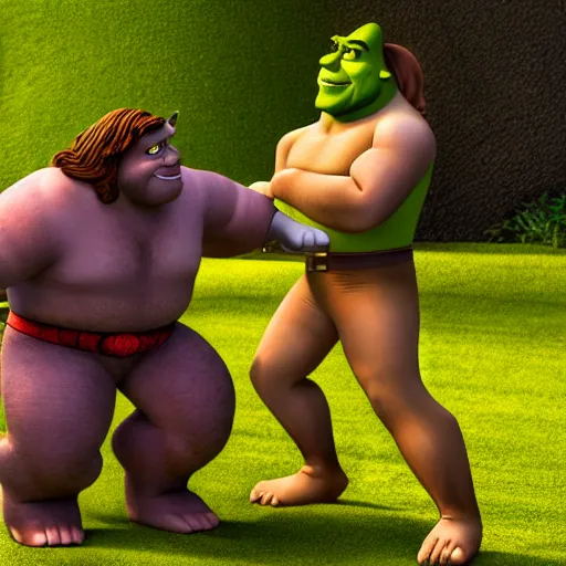 Image similar to muscular jesus fighting muscular shrek, highly detailed, high quality, hd, 4 k, 8 k, canon 3 0 0 mm, professional photographer, 4 0 mp, lifelike, top - rated, award winning, realistic, sharp, no blur, edited, corrected, trending